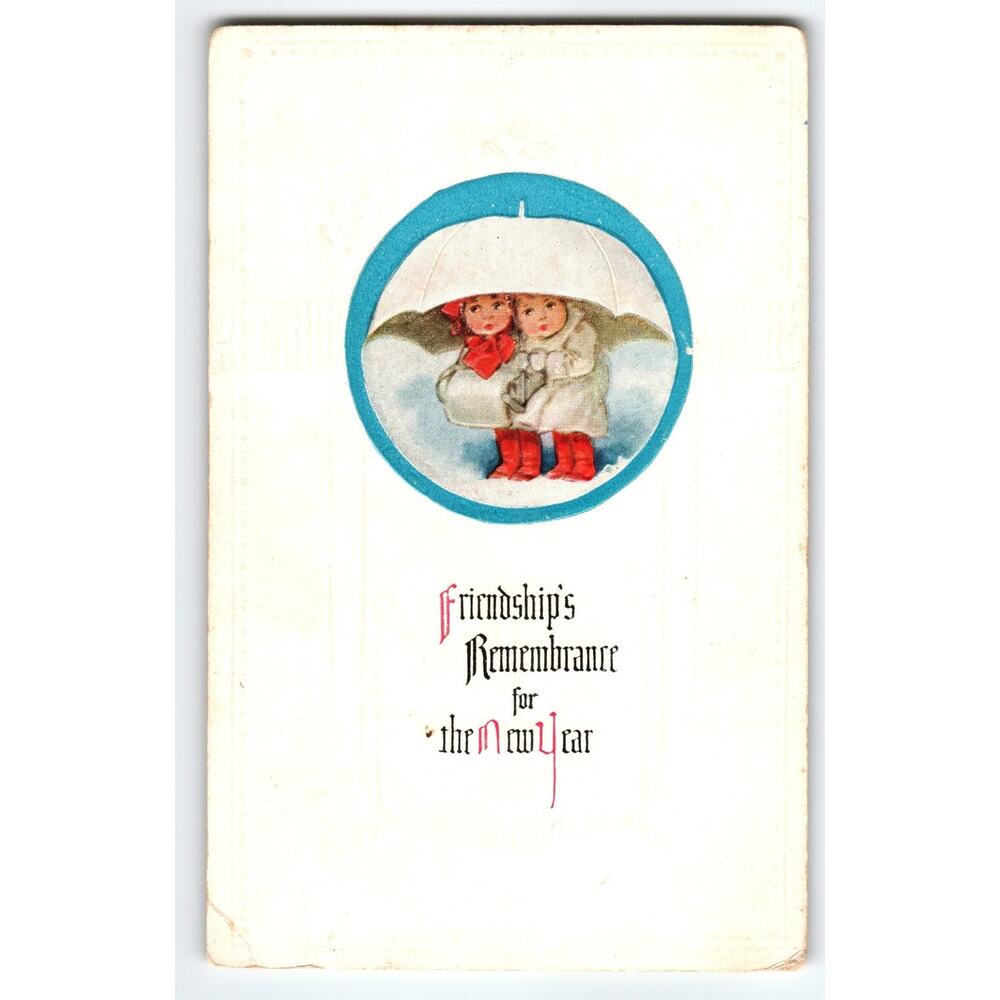 Vintage New Year Postcard with Cute Children Under Umbrella, 1910s Antique